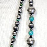 Traditional Sterling Silver and Turquoise Antiqued Beaded Navajo Necklace