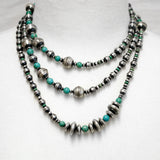 Traditional Sterling Silver and Turquoise Antiqued Beaded Navajo Necklace
