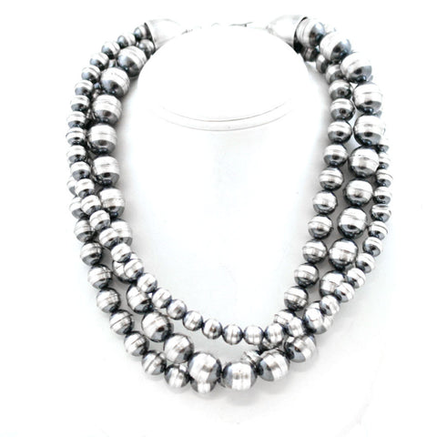 Traditional Sterling Silver Antiqued Beaded Navajo Necklace