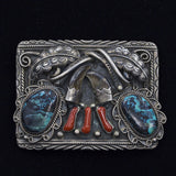 Sterling Silver w/Turquoise, Red Coral & Bear Claws Belt Buckle