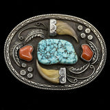 LA Turquoise, Red Coral and Bear Claws Belt Buckle