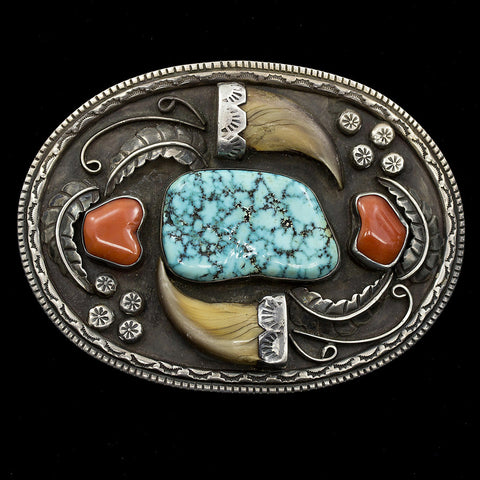 LA Turquoise, Red Coral and Bear Claws Belt Buckle