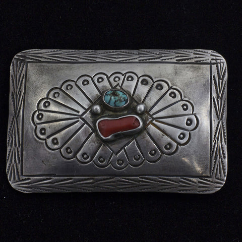 Douglas Sterling Silver, Turquoise & Red Coral Belt Buckle