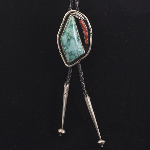 Turquoise and Coral Bolo - Sterling Silver