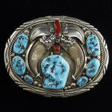 Frances Begay Bear Claws, Turquoise & Red Coral Belt Buckle