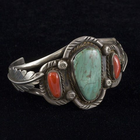 Turquoise and Red Coral Cuff Bracelet - Sterling Silver
