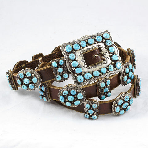 Turquoise Sterling Silver and Brown Leather 43" Concho Belt