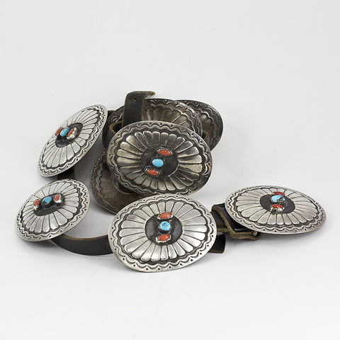 Classic Sterling Silver, Red Coral and Turquoise 34" Concho Belt