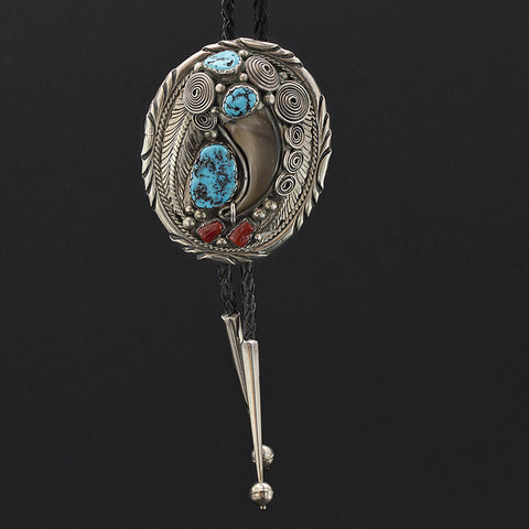 Turquoise, Claw and Coral Bolo - Sterling Silver