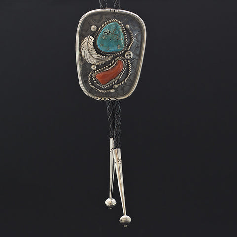 Sterling Silver, Red Coral and Turquoise Bolo Tie