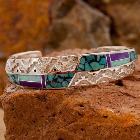 David Rosales Shalako Navajo Rug Pattern Inlaid Sterling Silver Bracelet
