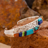 David Rosales Indian Summer Cobble Navajo Rug Pattern Inlaid Sterling Silver Bracelet