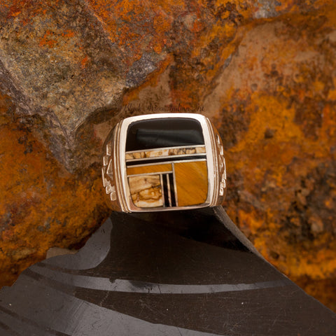 David Rosales Native Earth Rising Sun Inlaid Sterling Silver Ring