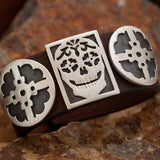 David Rosales  Sterling Silver Skull and Leather Strap Bracelet