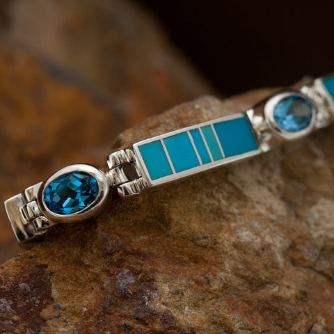 David Rosales Big Link Arizona Blue Inlaid Sterling Silver Bracelet