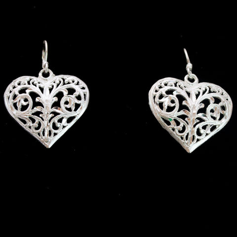 Medium Sterling Silver and Rhodium Intricate Heart Earrings