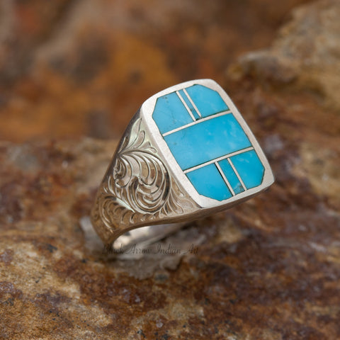 David Rosales Arizona Blue Inlaid Sterling Silver Alpha Ring
