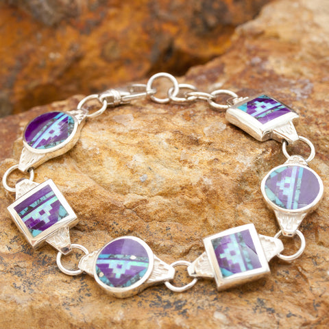 David Rosales Shalako Fancy Inlaid Sterling Silver Toggle Bracelet