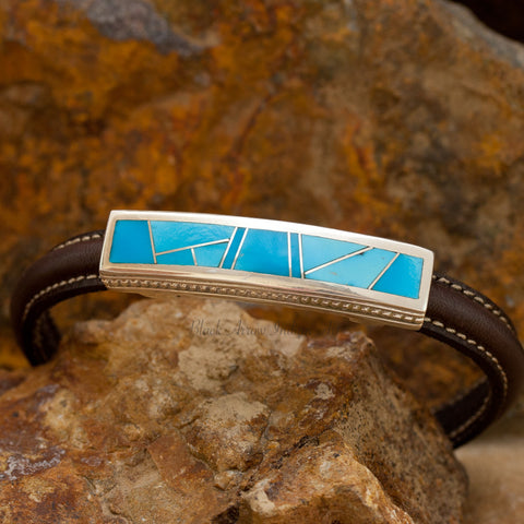 David Rosales Arizona Blue Inlaid Sterling Silver and Leather Strap Bracelet